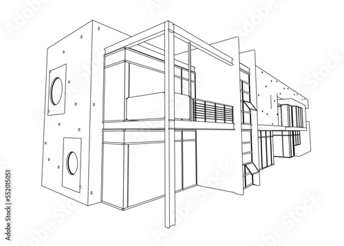 Outline of a luxury two-story cottage from black lines isolated on a white background. Perspective view. 3D. Vector illustration.