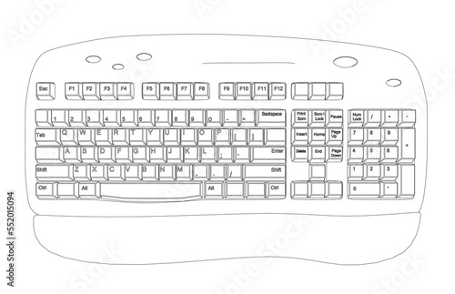 Outline of a computer keyboard from black lines isolated on a white background. View from above. 3D. Vector illustration.