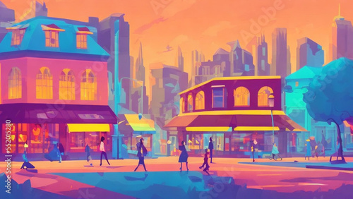 illustration style, Vibrant, bustling city street with shops, cafes, and people