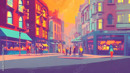 illustration style, Vibrant, bustling city street with shops, cafes, and people © Haze