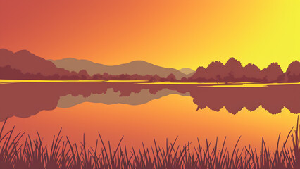 Papier peint photo Corail illustration style, Beautiful, dreamy landscape with golden fields and a peaceful lake  © Haze