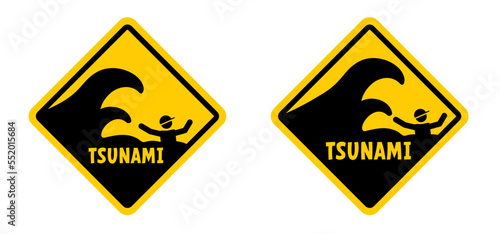 Drawing cartoon tsunami warning, shock wave. A tsunamis is an extremely high wave from the sea that unexpectedly floods the coast, usually caused by a seaquake. information sign.