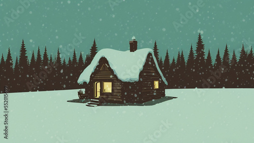 illustration style, Warm and cozy winter cabin nestled in a snow-covered forest