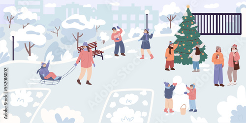Winter Park with Christmas tree. Happy smiling people having fun outside in the park. Leisure time during winter holidays. Children playing snowballs, building snowman. Flat cartoon vector 