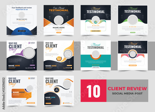Modern and creative client testimonial social media post design bundle, Customer service feedback review social media post or web banner with color variation