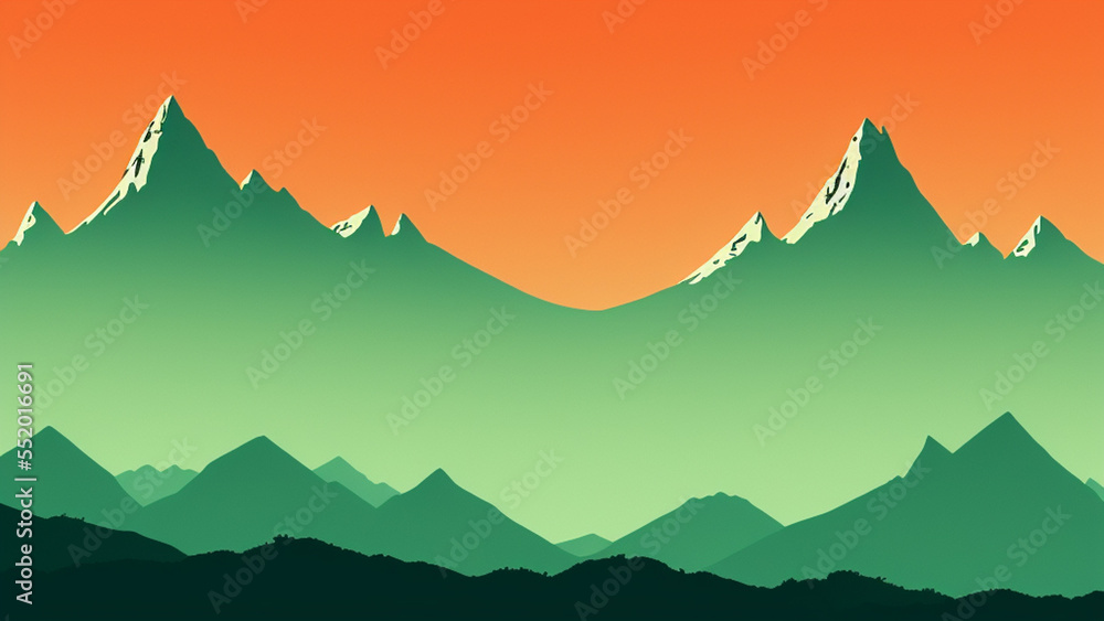 illustration style, Majestic, snow-capped mountain range with a tranquil blue sky