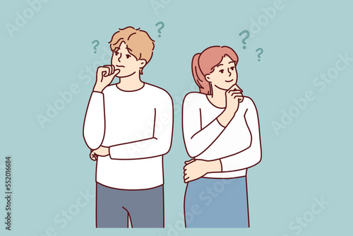 Man and woman look in different directions and scratch their chins thinking about anniversary gift. Guy and girl dream together or come up with idea to brainstorm together. Flat vector image 