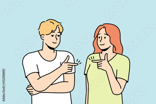 Guy, girl point fingers at each other. Woman, man avoid solving problems. Husband shifts responsibility to wife. Girlfriend blames failure, criticizes boyfriend. Vector line art colored illustration.