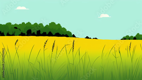 illustration style, Lush, green meadow with tall grasses and wildflowers