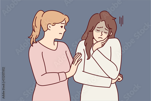 Woman comforting girl friend who is sad and stressed after bullying or toxic relationship. Lady suffers from depression and needs help of psychologist due to problems at work. Flat vector image