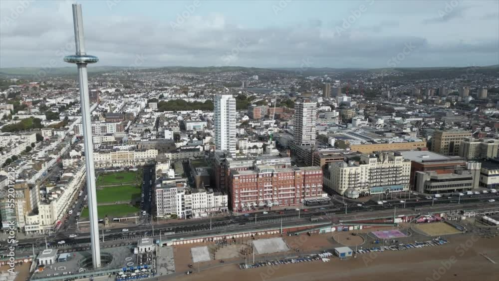 Aerial pan shot of Brighton UK. British Airways i360 tower can also be seen. Aerial pan shot of Brighton UK. British Airways i360 tower can also be seen.