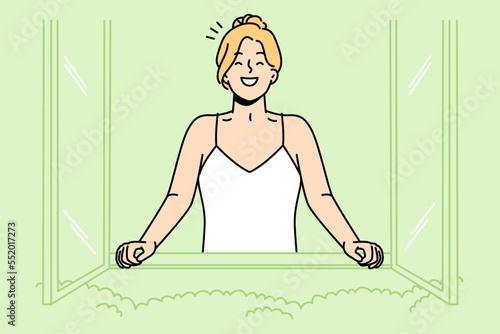 Happy girl rejoices in new day, peering out of window. Positive woman is filled with energy looking at bushes, trees from room. Good morning. Vector outline colorful isolated illustration.