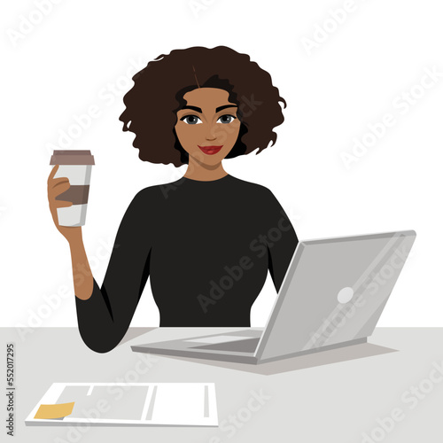 Beautiful African American woman using laptop flat vector illustration. Working from home, remote job. Online shopping