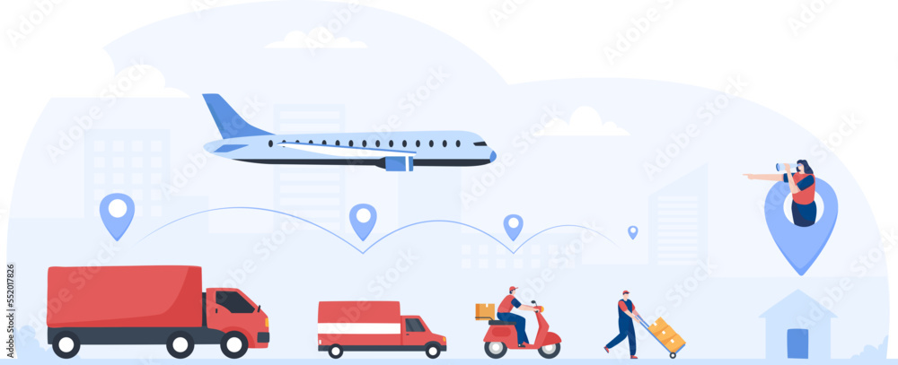 Logistics and delivery service. Order tracking service. Delivery truck plane scooter service. Illustration