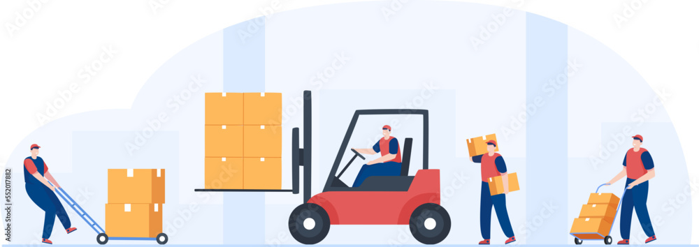 Warehouse workers lifting box with forklift.  Warehouse forklift logistics. transport industry. Illustration