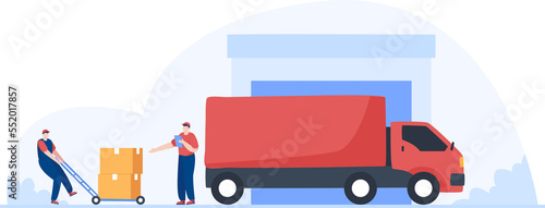 Delivery truck service. Warehouse workers moving boxes.  Illustration