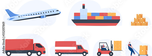Global logistics delivery. cargo export and Import. car airplane  ship forklift  and  truck. International delivery. Illustration