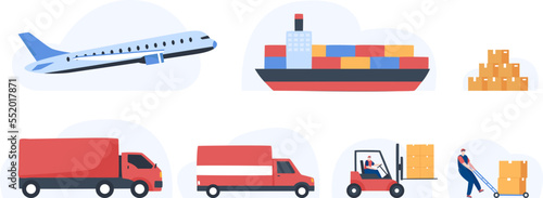 Global logistics delivery. cargo export and Import. car airplane ship forklift and truck. International delivery. Illustration