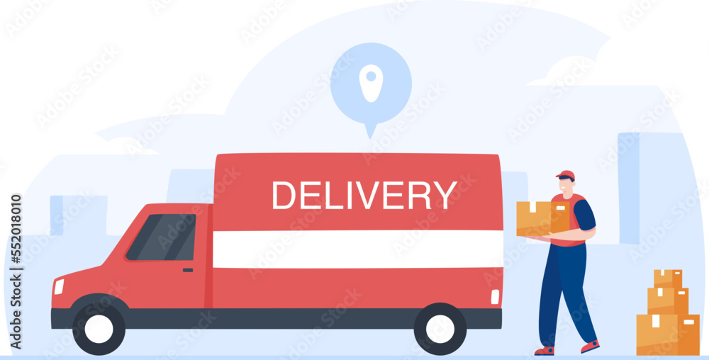 Delivery truck service. Employees unload parcel boxes from truck. Vector illustration