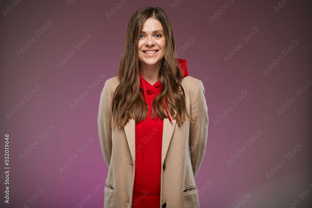 Smiling womanl in brown fall coat. Isolated advertising female portrait. Smiling womanl in brown fall coat. Isolated advertising female portrait.
