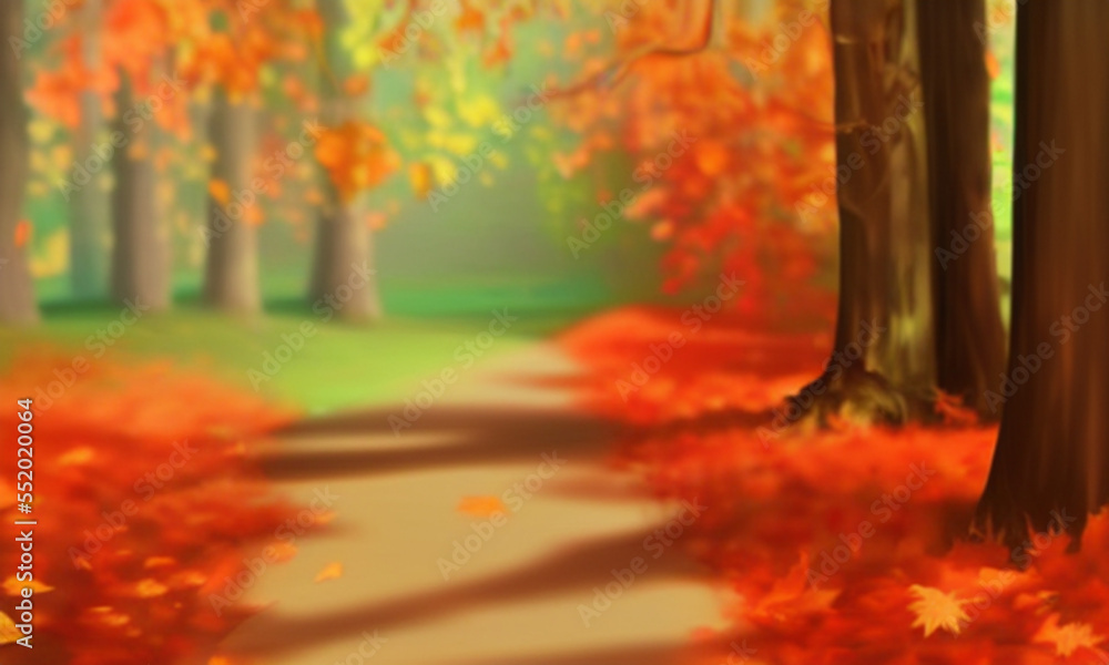 Fototapeta premium Serene forest path with dappled sunlight and fallen leaves