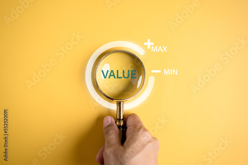 Magnifier focus to download icon progress for increasing value added profit to benefit growth and development in business