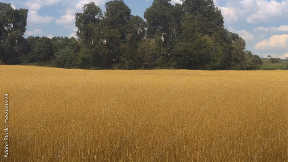 Beautiful, dreamy landscape with golden fields and a peaceful lake Beautiful, dreamy landscape with golden fields and a peaceful lake