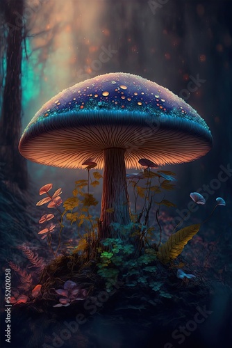 Fairy-tale iridescent mushroom  fairy forest. Generative AI. 