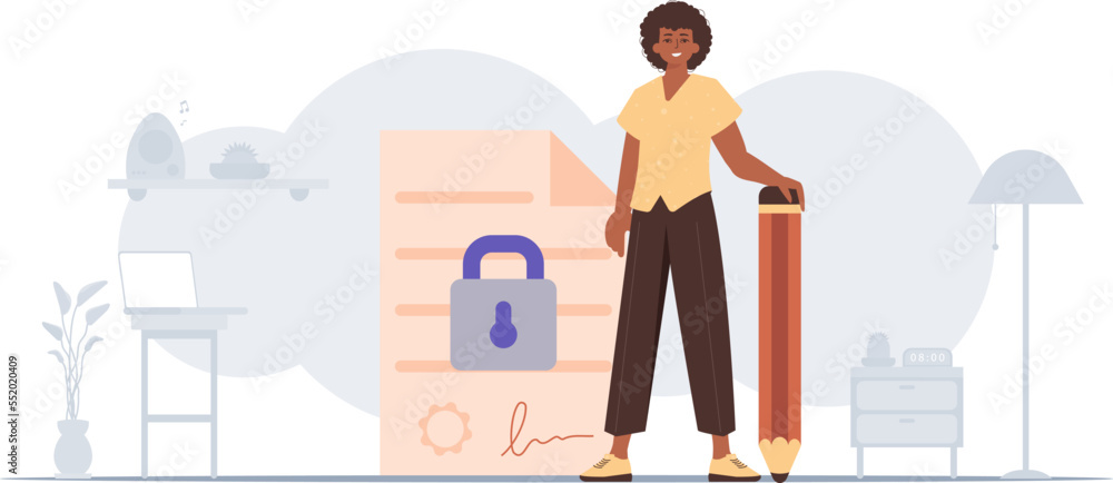 The concept of signing a smart contract. Data protection. The guy is standing near a large document and holding a pencil. The concept of signing a smart contract. Data protection. The guy is standing near a large document and holding a pencil.