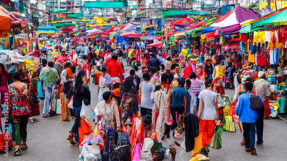 Vibrant, bustling street market with colorful stalls and people