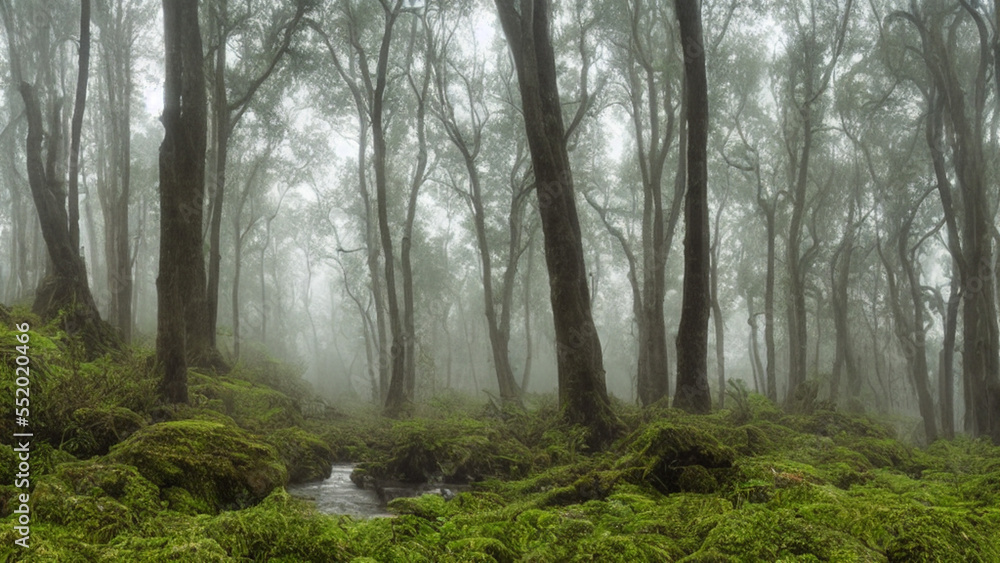 Fototapeta premium Mystical, foggy forest with towering trees and a babbling brook