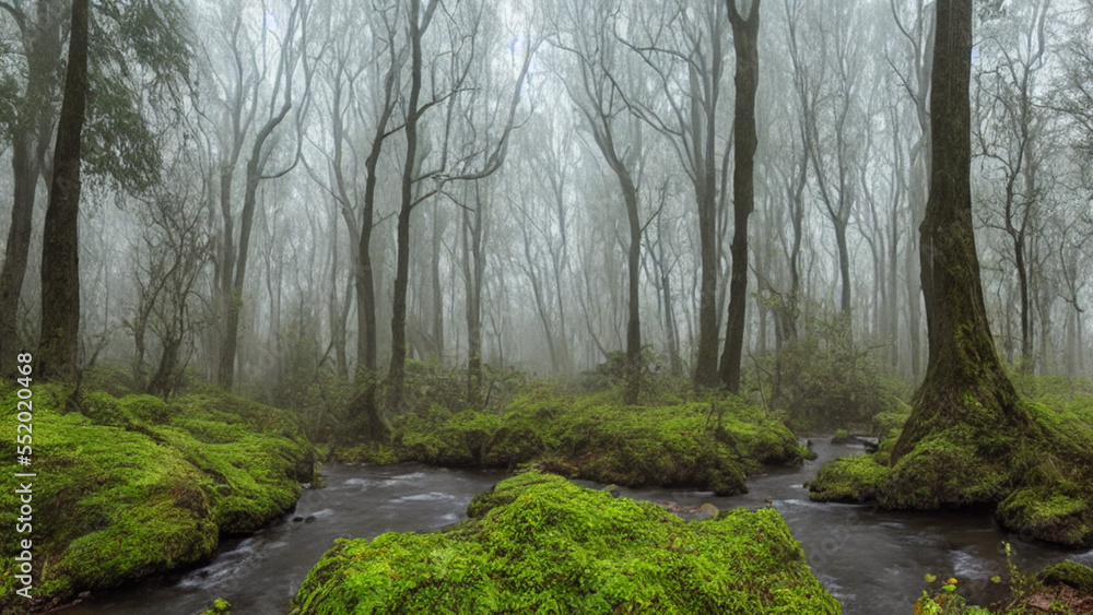Mystical, foggy forest with towering trees and a babbling brook
