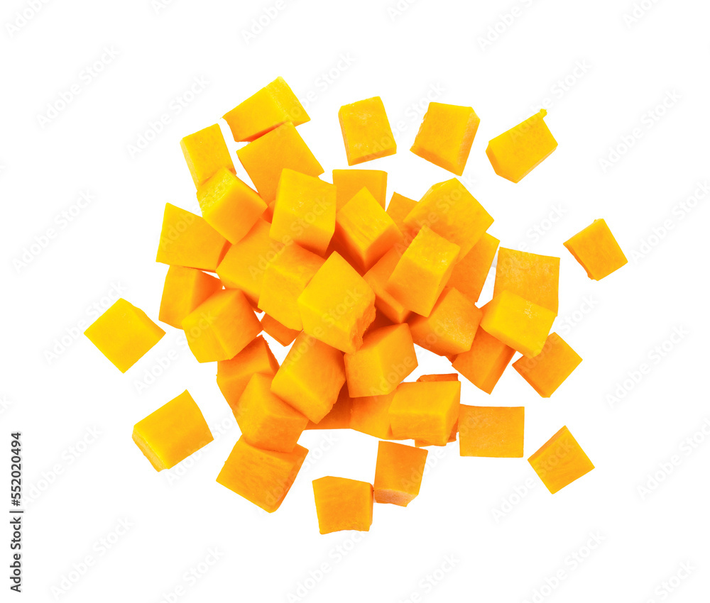 A group of cut and slice butternut squash chunks on transparent png - obrazy, fototapety, plakaty 