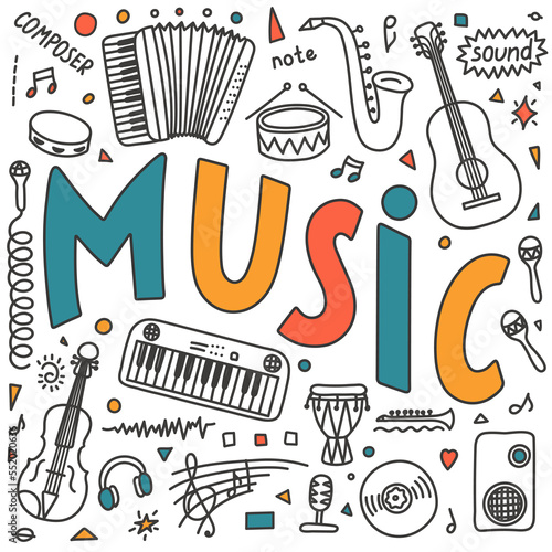 Music. School subjects. Hand drawn doodles and lettering on white background. Education vector illustration.