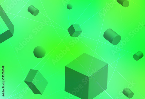 Light Green, Yellow vector background with 3D cubes, cylinders, spheres, rectangles.
