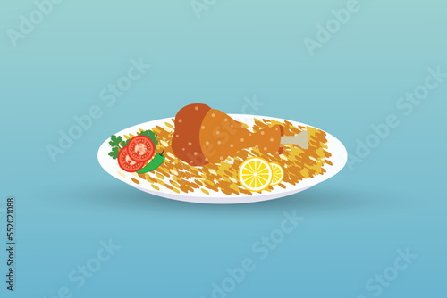 Delicious chicken biryani in bowl with lemon And pepper Vector illustration.