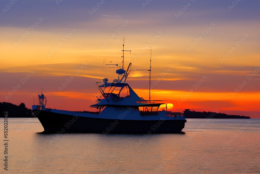 3862081168-mdjrny-v4 style Fishing boat at sunset time. Le Morn Brabant on background___ ### frame, border, ugly, fat, overweigh 