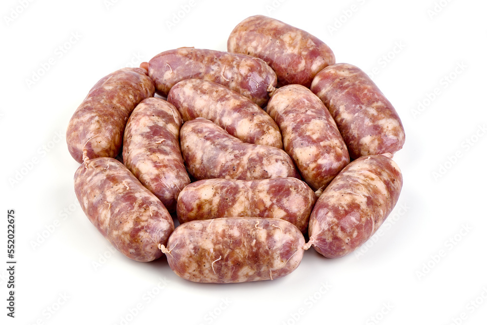 Italian sausages, Raw Salsiccia Sausages, isolated on a white background. Italian sausages, Raw Salsiccia Sausages, isolated on a white background.