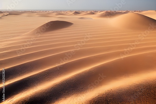 A desert stretching into the horizon with endless sand dunes.