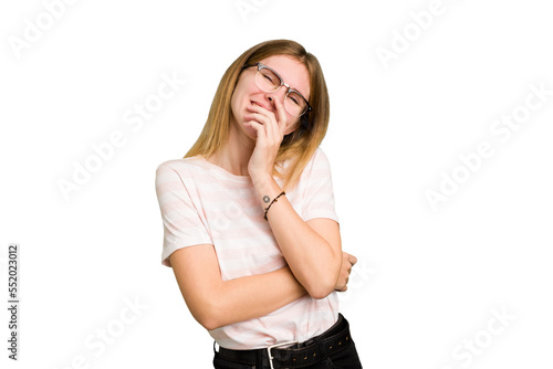 Young caucasian woman isolated laughing happy, carefree, natural emotion.