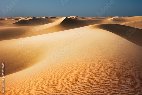 A desert stretching into the horizon with endless sand dunes. 