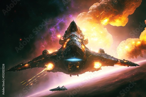 Fotografia A huge battleship spaceship, flying past a nebula, in a space battle over a plan