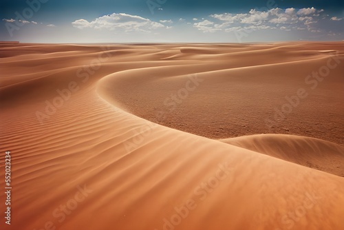 A desert stretching into the horizon with endless sand dunes. 