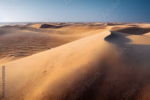 A desert stretching into the horizon with endless sand dunes. 