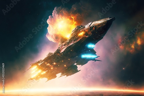 Foto A huge battleship spaceship, flying past a nebula in space, space battle, create