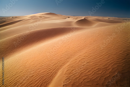 A desert stretching into the horizon with endless sand dunes. 