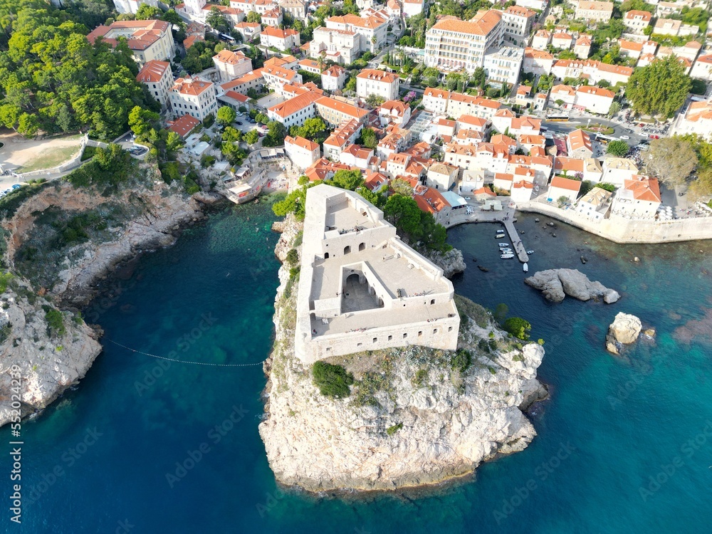 Lovrijenac fortress Dubrovnik Croatia overhead birds eye view  drone aerial sunny day.