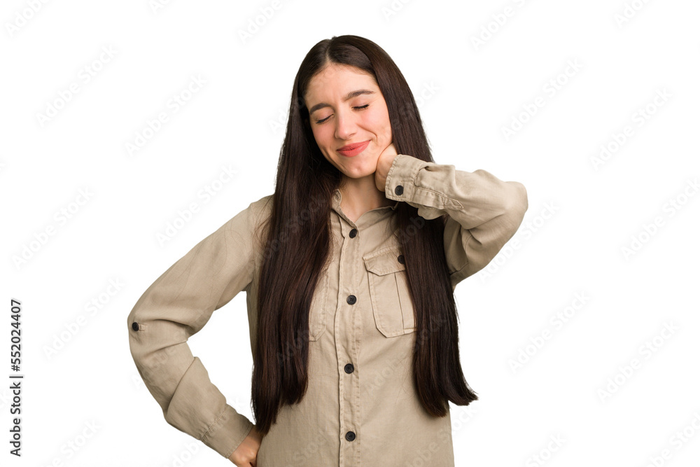 Young caucasian brunette long hair woman cutout isolated having a neck pain due to stress, massaging and touching it with hand. Young caucasian brunette long hair woman cutout isolated having a neck pain due to stress, massaging and touching it with hand.