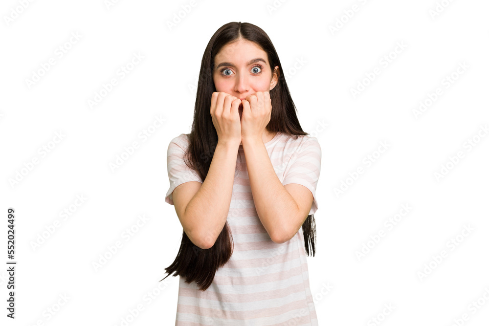 Young caucasian brunette long hair woman cutout isolated biting fingernails, nervous and very anxious. Young caucasian brunette long hair woman cutout isolated biting fingernails, nervous and very anxious.