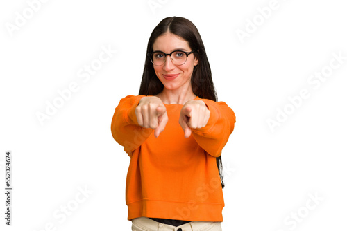 Young caucasian brunette long hair woman cutout isolated pointing to front with fingers.